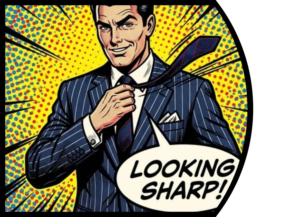 Cartoon image man in pinstripe suit.  Speech bubble "Looking Sharp!"